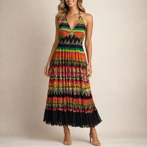 Calvin Klein XL Halter Maxi Dress Abstract Print Lined Tiered Boho Colorful